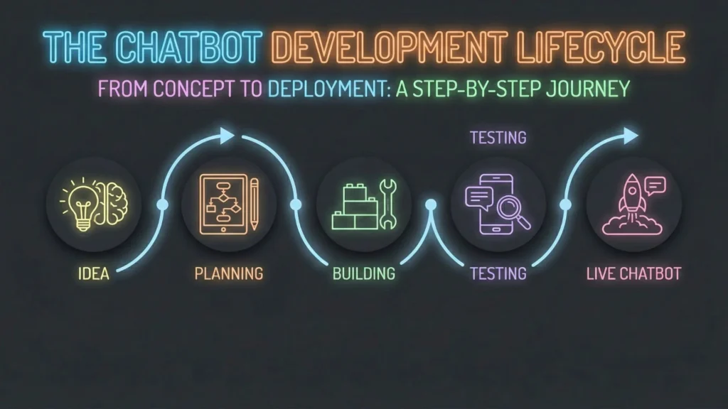 Neon line art illustrating the step-by-step workflow of building an AI chatbot from scratch.
