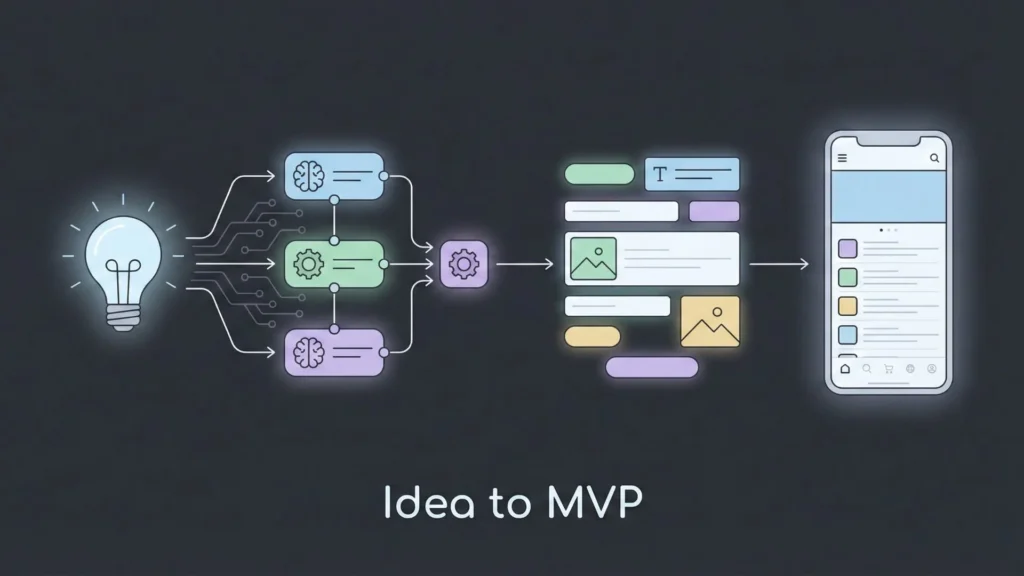 Dark mode vector showing progression from lightbulb idea to mobile app.