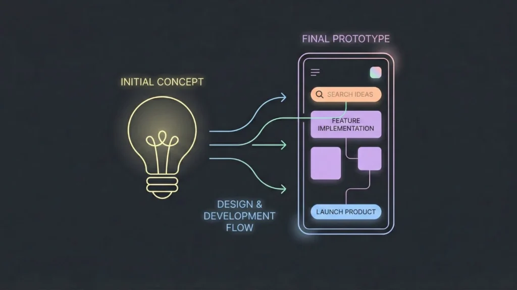 Dark-mode vector illustration showing a glowing lightbulb idea transforming into a mobile app interface.