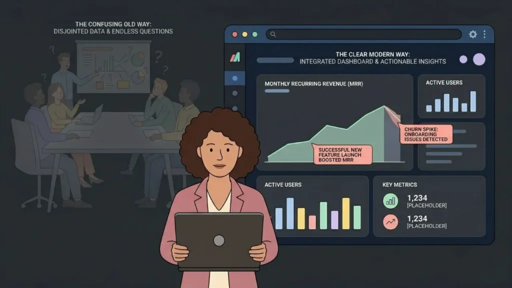 illustration contrasting disjointed data analysis with a clear modern integrated business dashboard