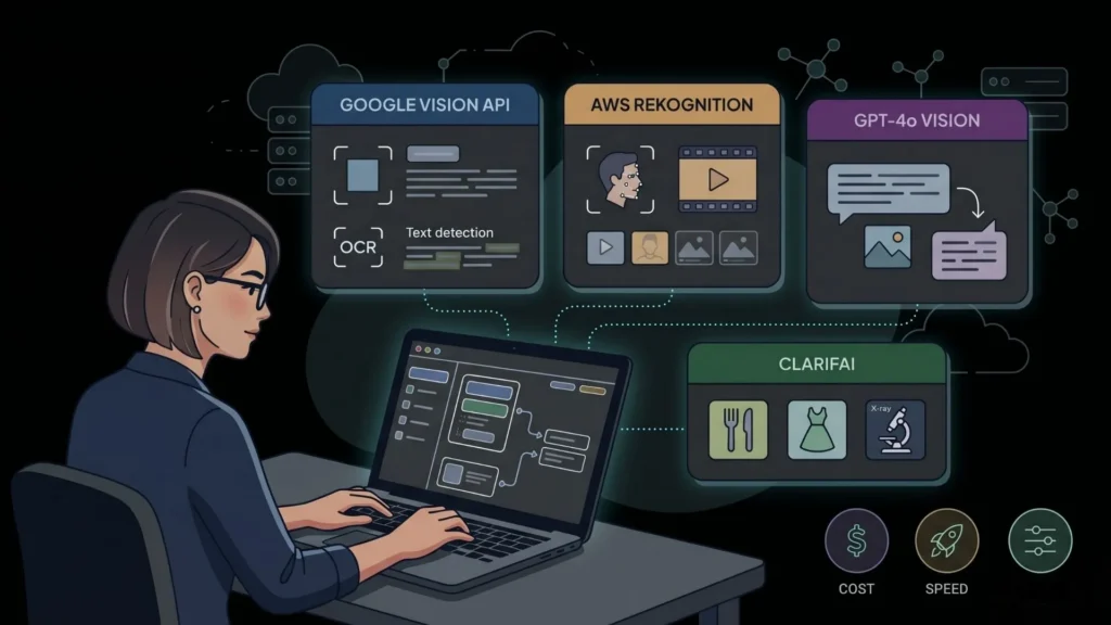 illustration of a developer comparing google vision aws rekognition gpt 4o