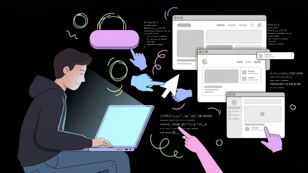 illustration of a developer surrounded by floating web interfaces code