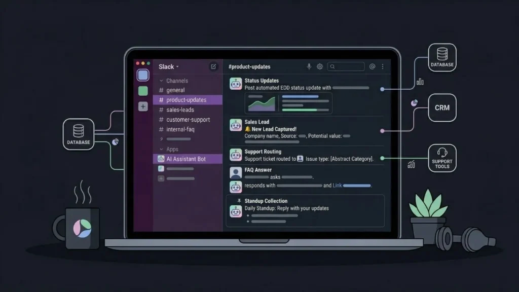 illustration of a laptop displaying slack ai automation integrated with crm and database