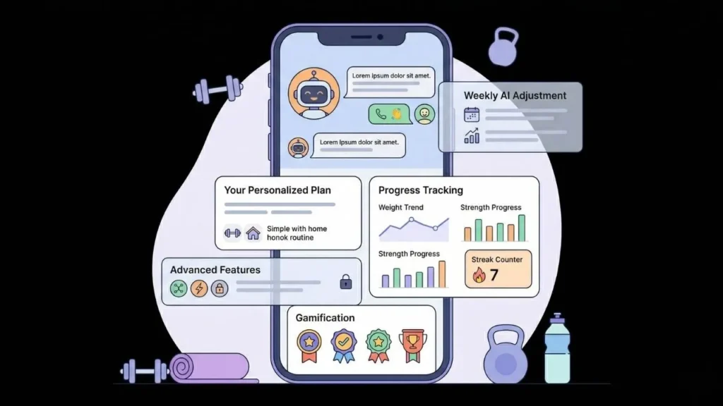 illustration of a mobile fitness app interface featuring ai coaching progress tracking
