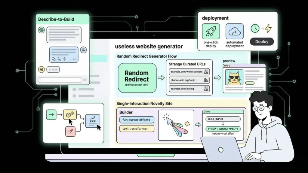 illustration of an ai powered useless website generator with chat to build