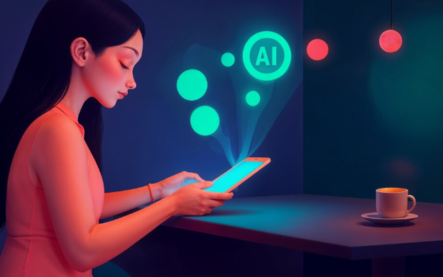 Woman using tablet with AI interface