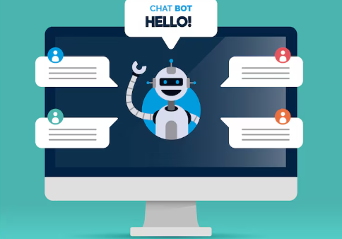 Chatbot greeting on computer screen and no-code aI chatbots for customer support