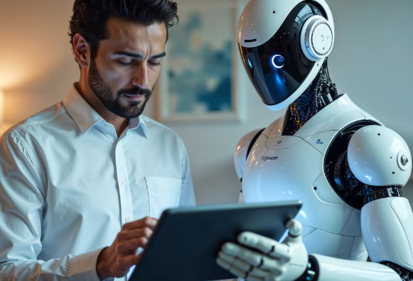 Human and robot interacting with tablet.