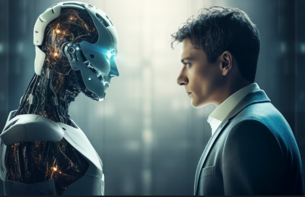 Human and robot facing each other And AI Chatbot vs. Human Support.