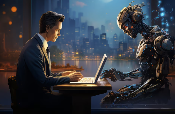 Human and robot collaborating at night.