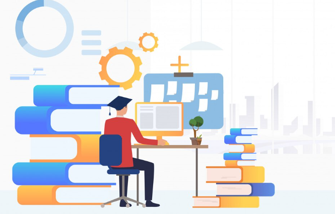 Student studying with books and computer