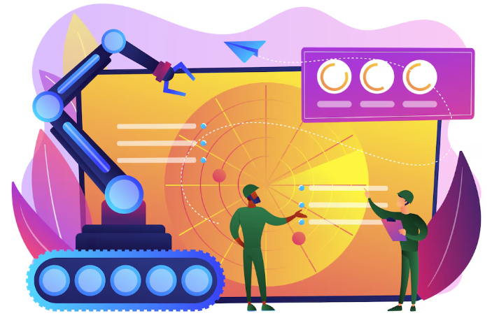Robotic arm analyzing data visualization.