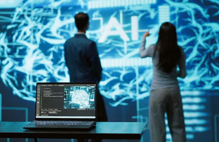 People interacting with AI technology display