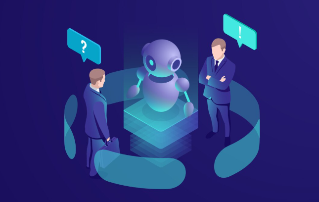 Two men interacting with a robot