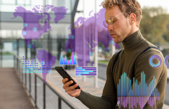 Person using smartphone with data visuals.