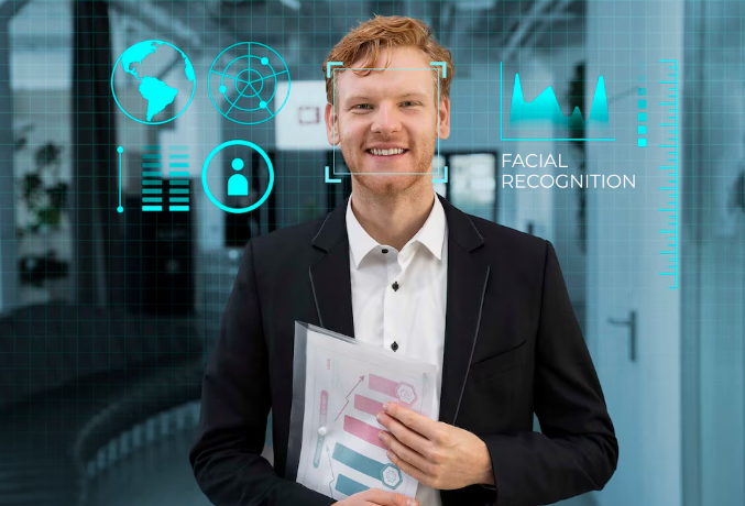 Businessman with data visualization graphics