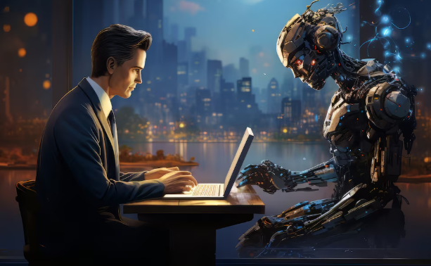 Human and robot collaborating at night.