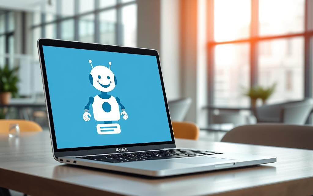 Laptop displaying a friendly robot and no-code AI chatbots