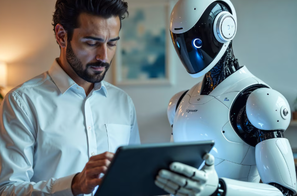 Human interacting with humanoid robot.