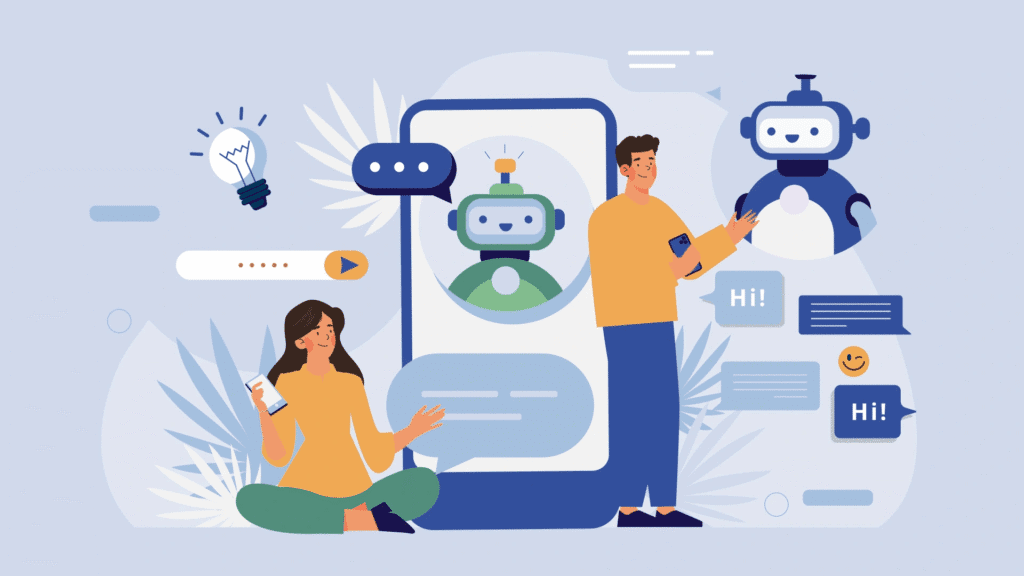 Person interacting with a chatbot illustration.