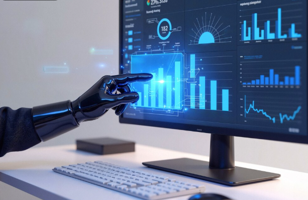 Robot hand interacting with data display