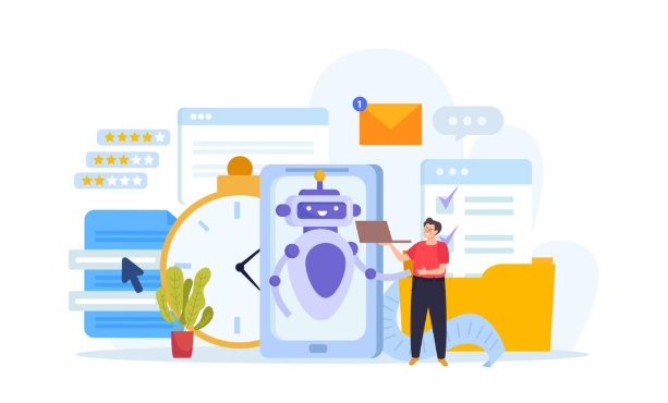 Cartoon illustration of robot automation with man holding laptop.