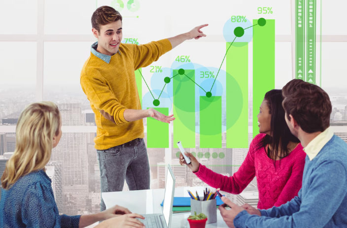 Man presenting growth chart to colleagues in a business meeting.