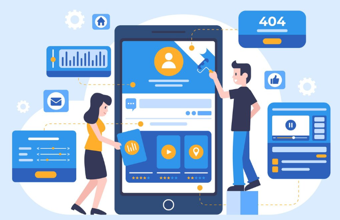 "Team designing mobile app interface with icons, charts, and tools."