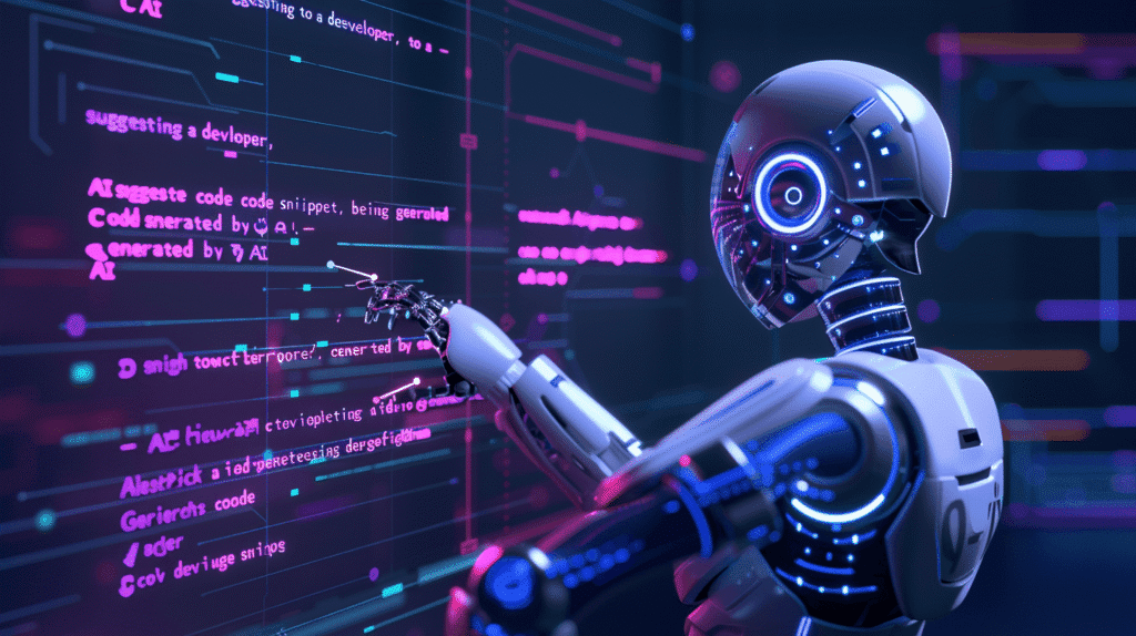 "Futuristic robot interacting with digital code on a glowing screen with Ai assisted"