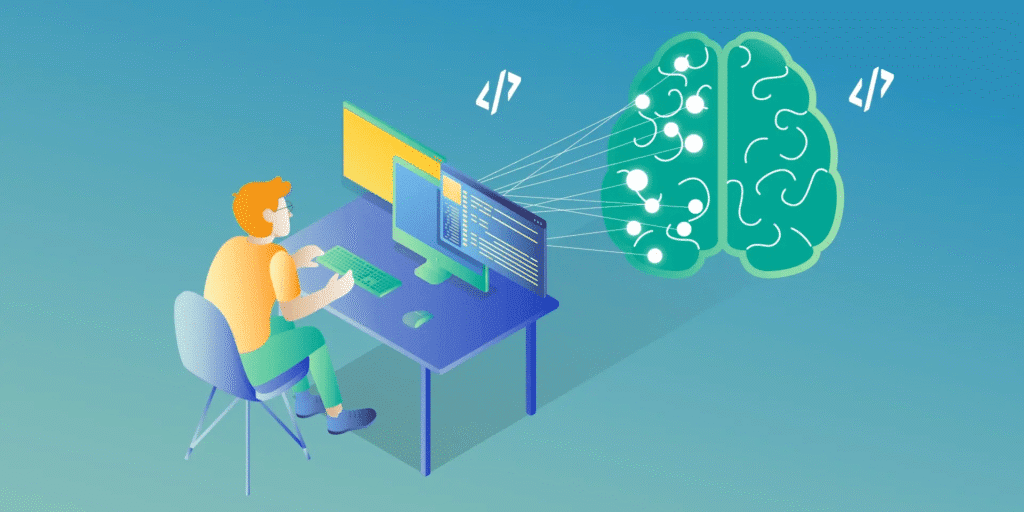 Illustration of developer coding while AI brain processes machine learning.