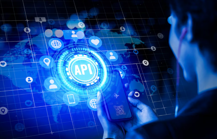 Person holding phone with glowing digital API interface and icons.