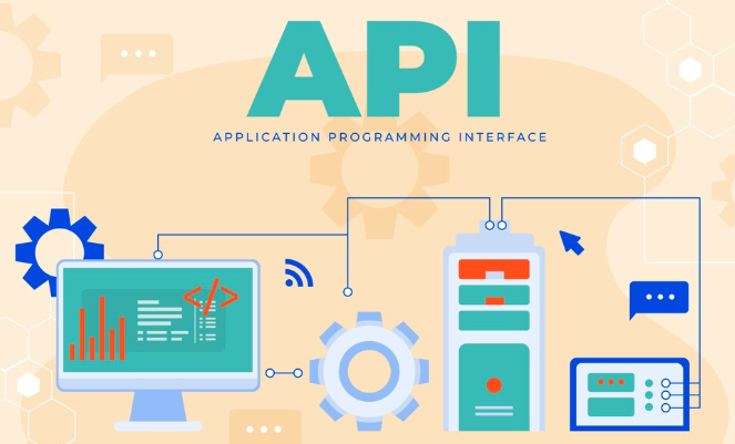 Illustration showing API integration between computer, servers, and devices.
