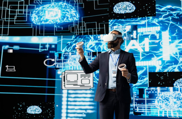 Businessman using virtual reality headset with AI graphics and brain
