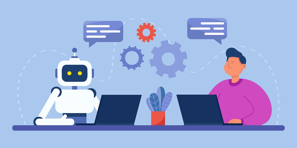 Illustration of chatbot and human working together with laptops and gears