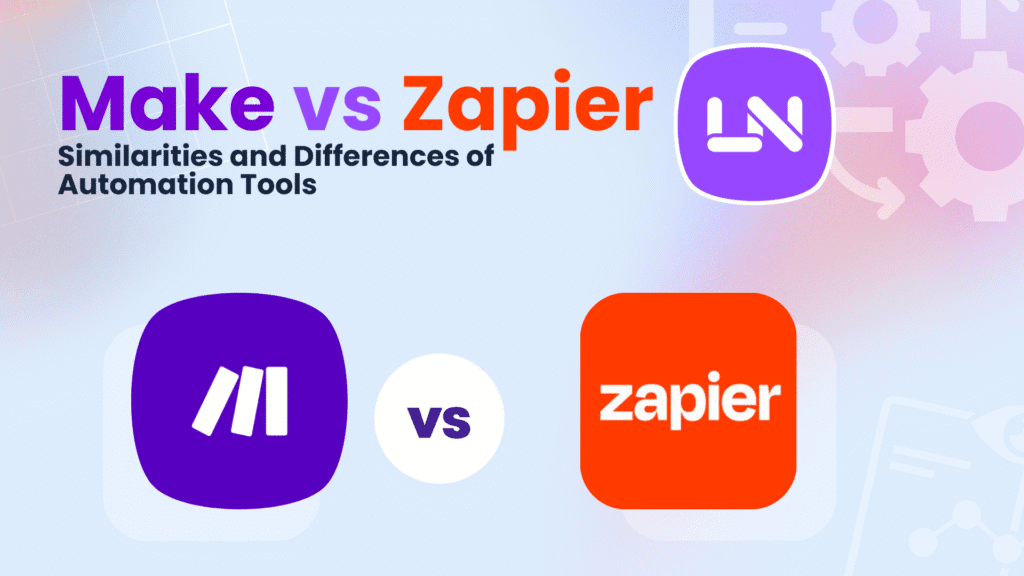 Comparison graphic of Make versus Zapier automation tools and features