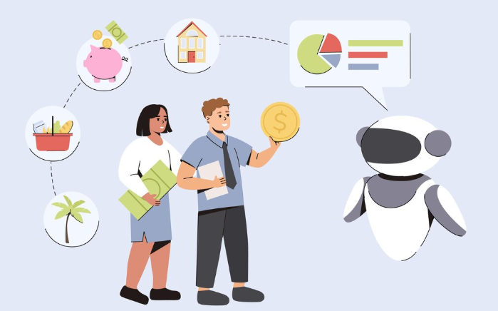 People discussing financial planning with AI chatbot showing charts and savings
