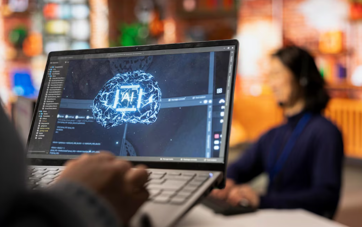 Person using laptop with AI brain graphic on screen