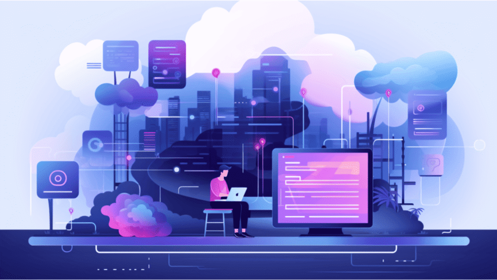 Abstract illustration of cloud computing with person working on laptop