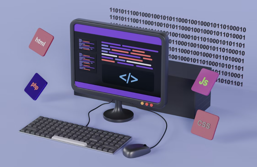 Computer with coding languages displayed