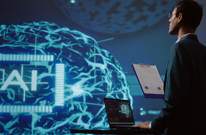 Business professional analyzing AI brain projection with laptop and clipboard