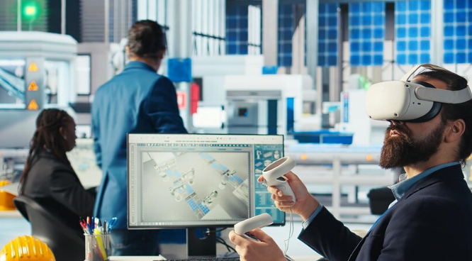 Man using VR headset and controllers to design 3D models at desk