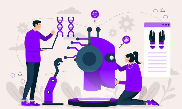 Cartoon illustration of two people building AI robot with DNA and gears