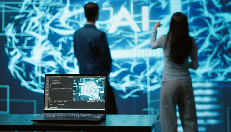 Laptop displaying AI brain hologram while two colleagues analyze projected interface