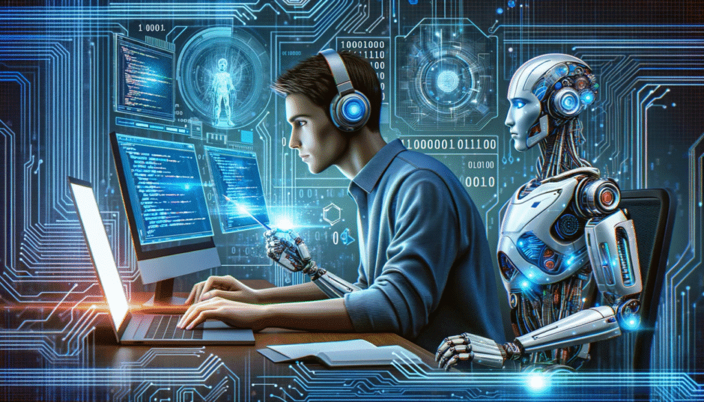 Futuristic robot assisting programmer writing code on multiple glowing computer screens