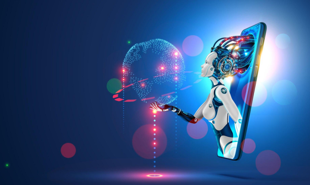 Robot emerging from smartphone projecting holographic digital globe with lights.