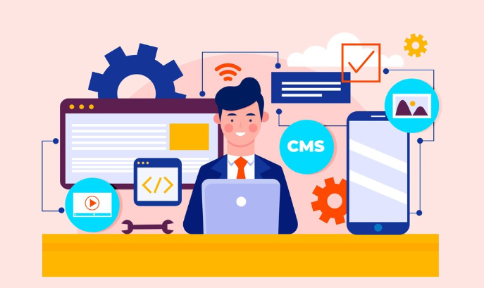 Businessman surrounded by CMS tools, gears, screens, and mobile design icons.