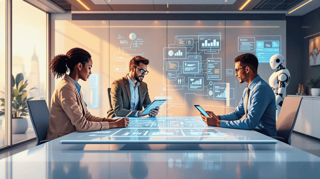 Business team in futuristic boardroom analyzing data with AI assistant.