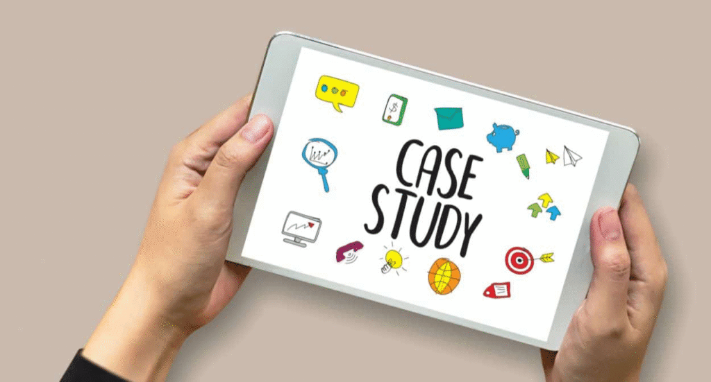 Hands holding tablet displaying colorful icons and text “Case Study.”