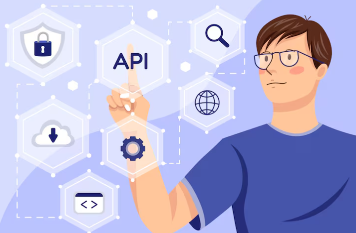 Man pointing at virtual API icons including search, cloud, and security Integrating AI into your no-code apps