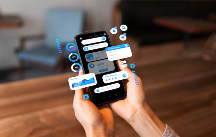 Hands holding smartphone with floating UI elements and app analytics.